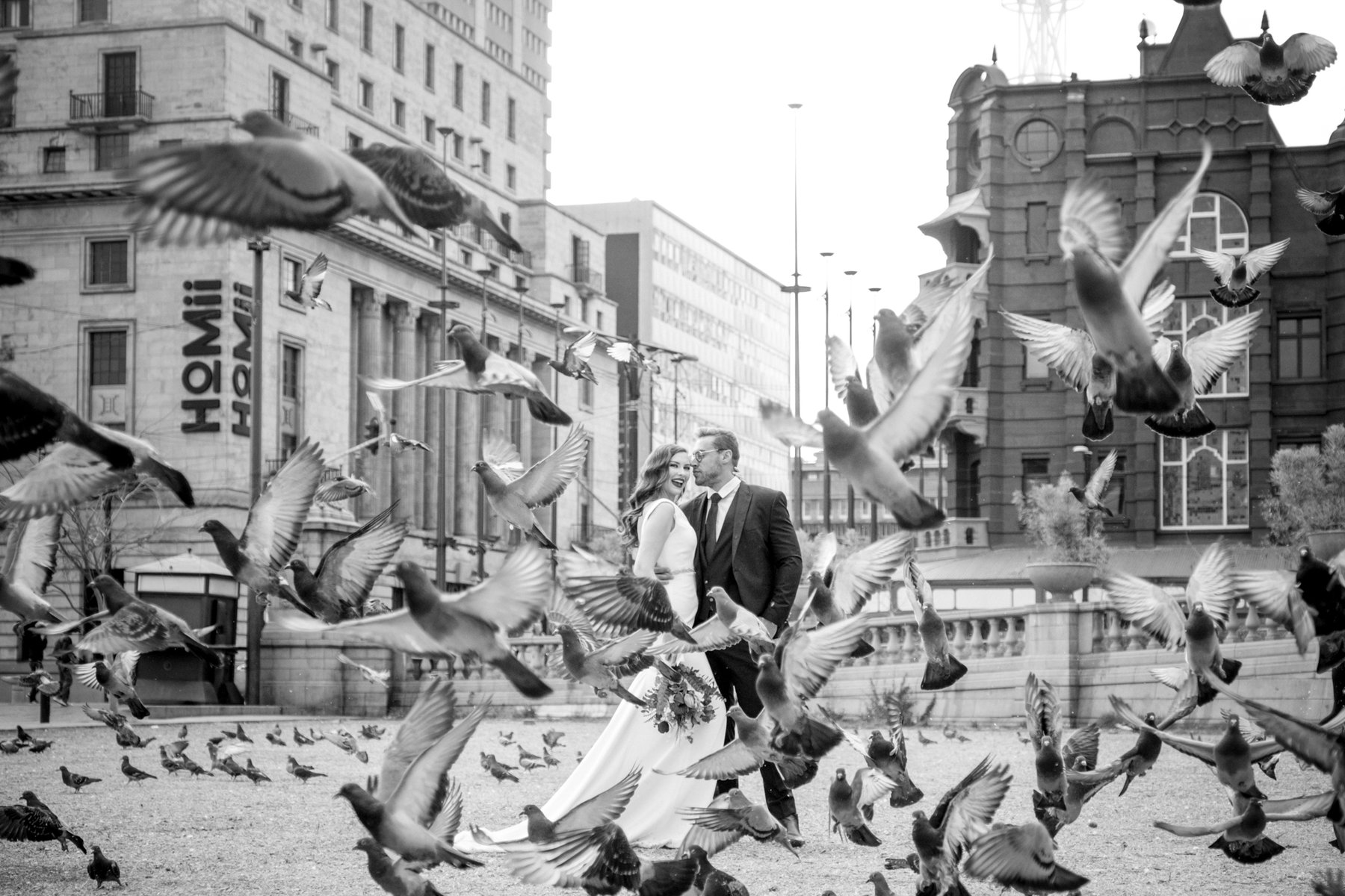 Black and white image of pigeons flying as bride and groom holds each other in from of Homii building in Pretoria